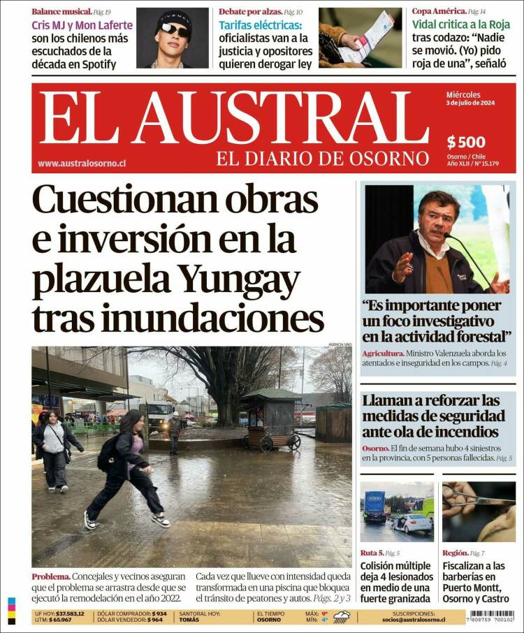 Portada de El Austral de Osorno (Chile)