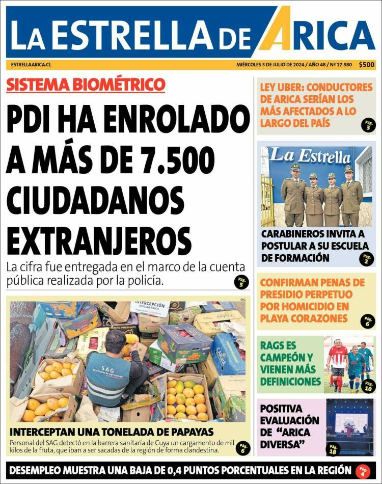 Portada de La Estrella de Arica (Chile)