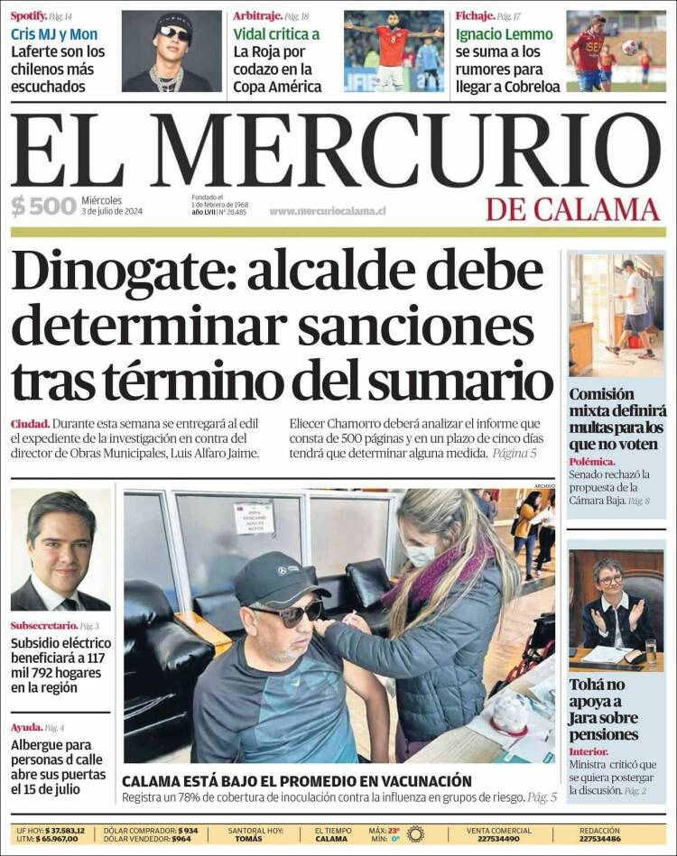 Portada de El Mercurio - Calama (Chile)