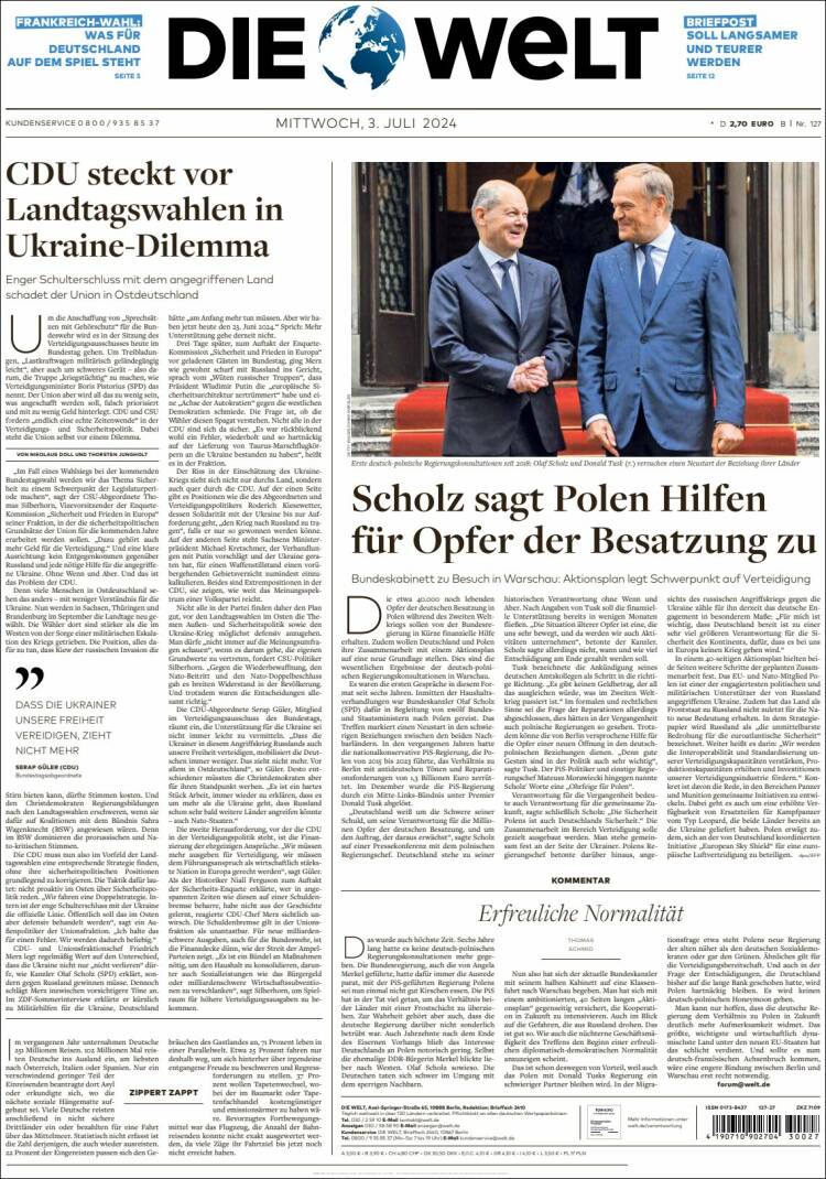 Portada de Die Welt (Alemania)