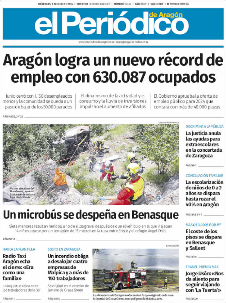 Portada de El Periódico de Aragón (España)