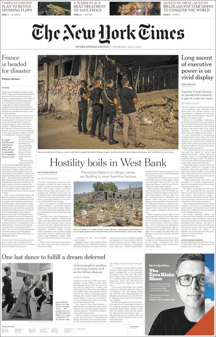 Portada de International New York Times (Europa)