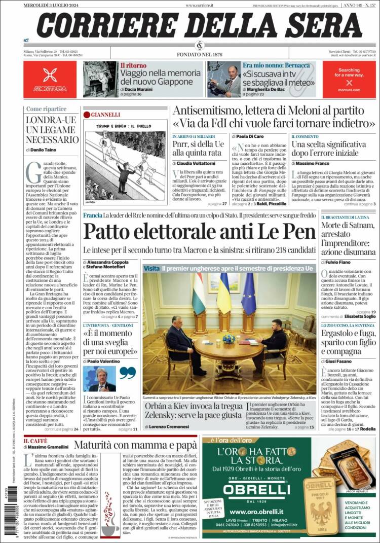 Portada de Corriere della Sera (Italia)