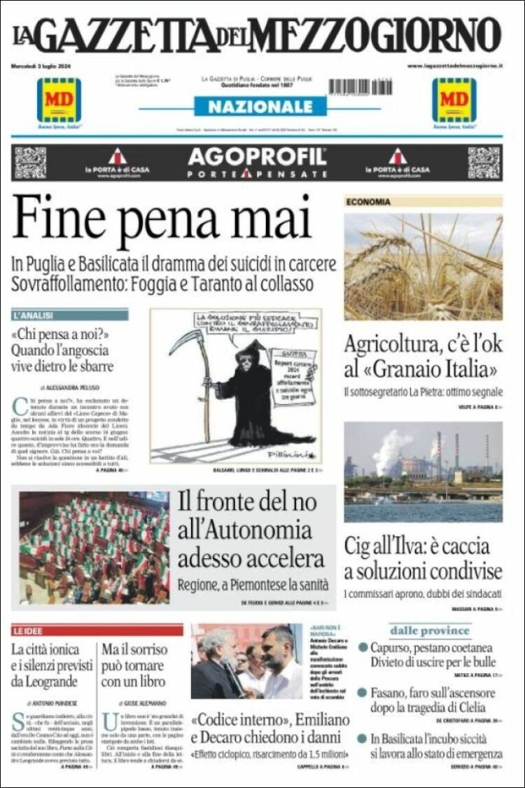 Portada de La Gazzetta del Mezzogiorno (Italia)