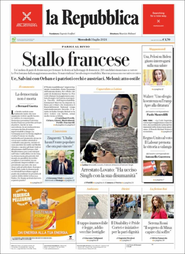 Portada de La Repubblica (Italia)