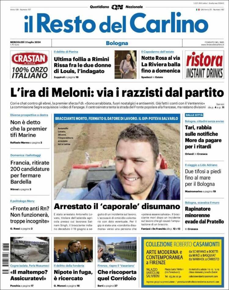 Portada de Il Resto del Carlino (Italia)
