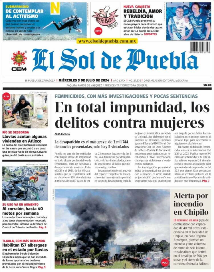 Portada de El Sol de Puebla (M&eacute;xico)