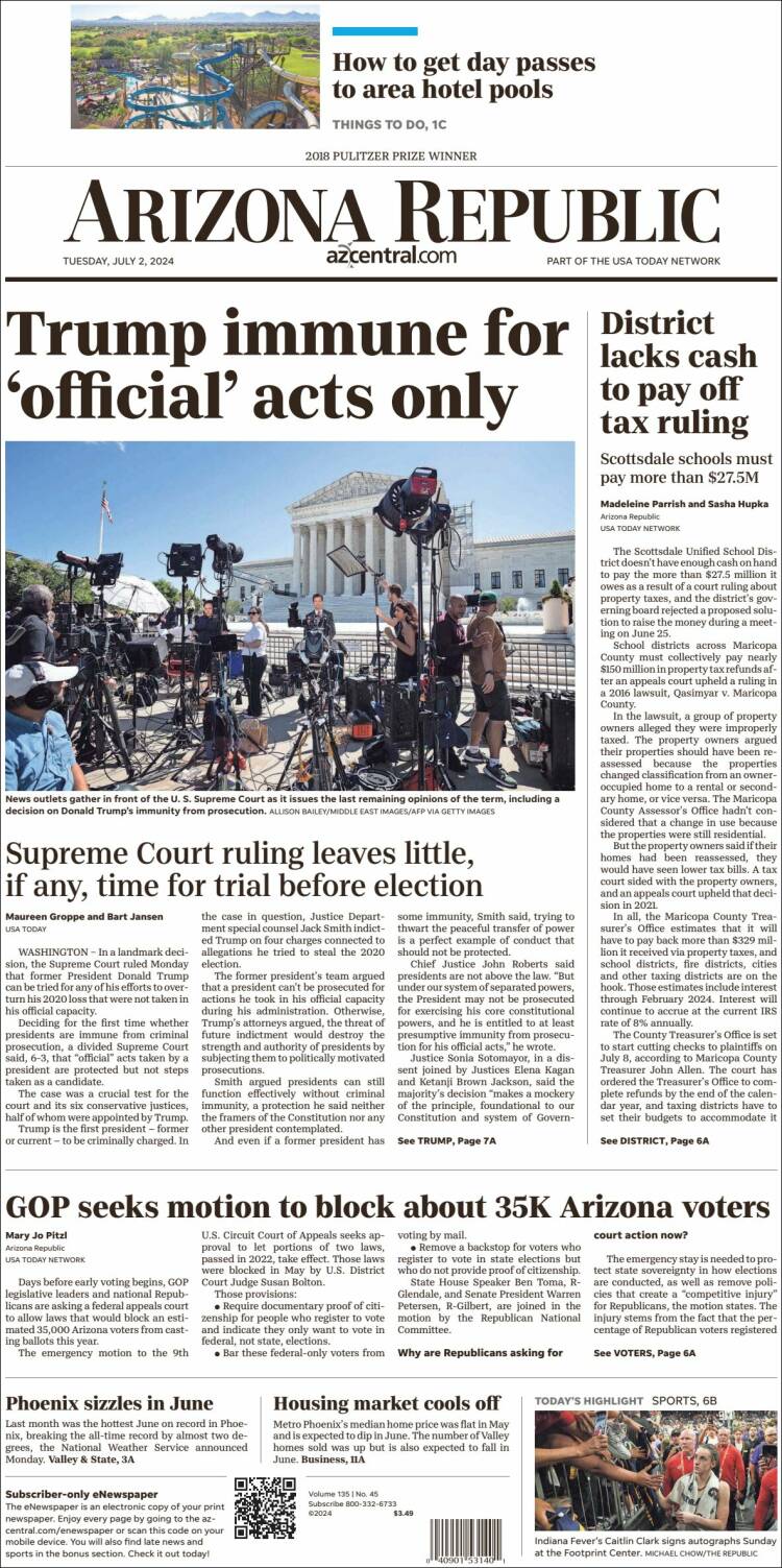 Portada de Arizona Republic News (USA)