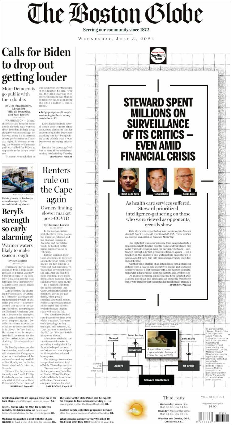 Portada de Boston Globe (USA)