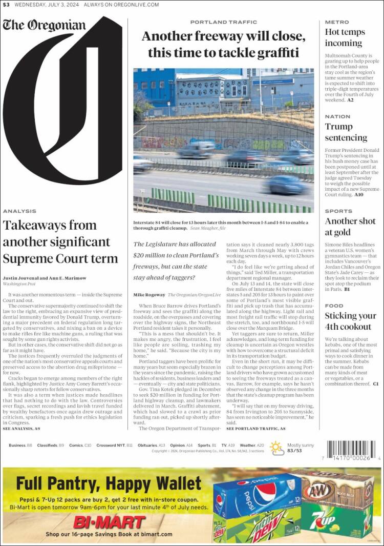 Portada de The Oregonian (USA)