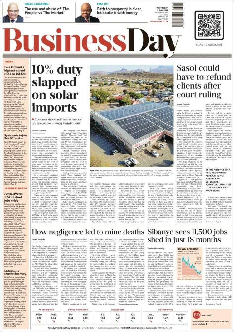 Portada de Business Day (Sud&aacute;frica)