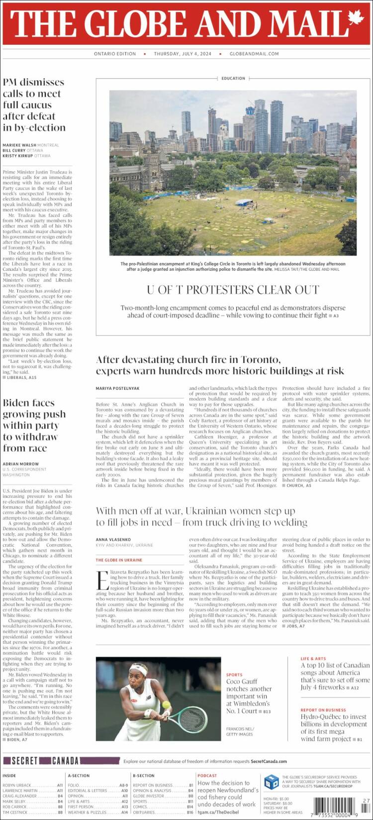 Portada de The Globe and Mail (Canadá)