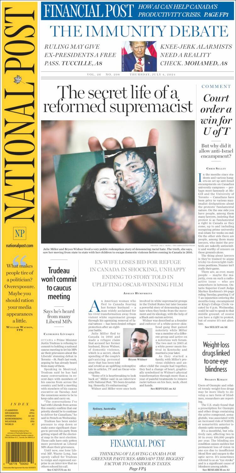 Portada de The National Post (Canadá)