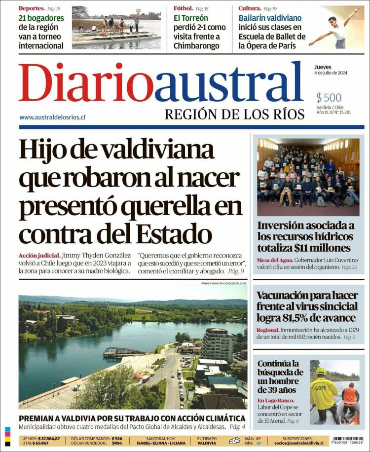 Portada de El Diario Austral de Valdivia (Chile)