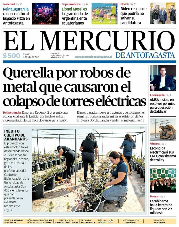 Portada de El Mercurio de Antofagasta (Chile)