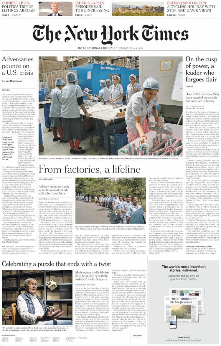 Portada de International New York Times (Europa)