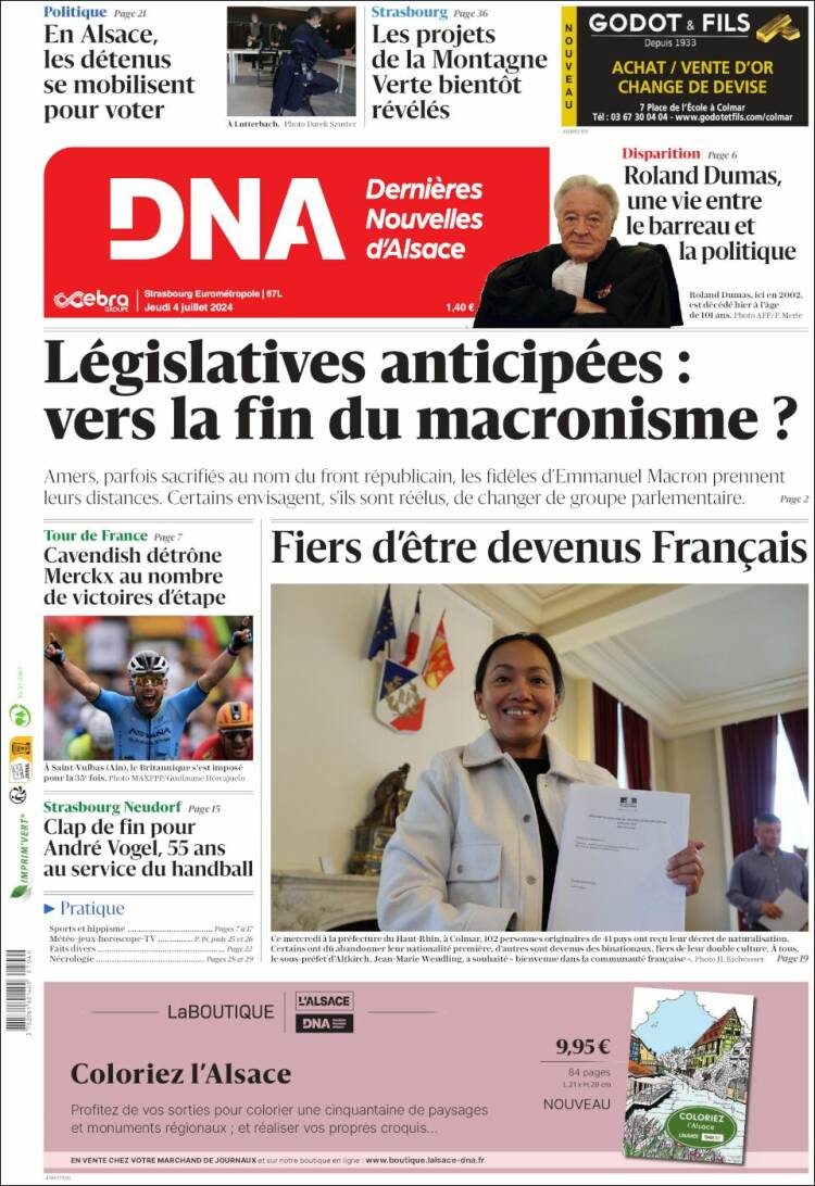 Portada de Les Dernières Nouvelles d'Alsace (Francia)