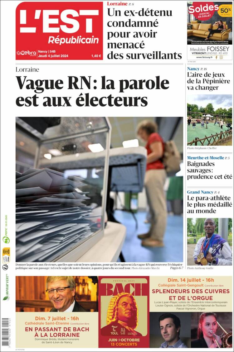 Portada de L'Est Republicain (Francia)