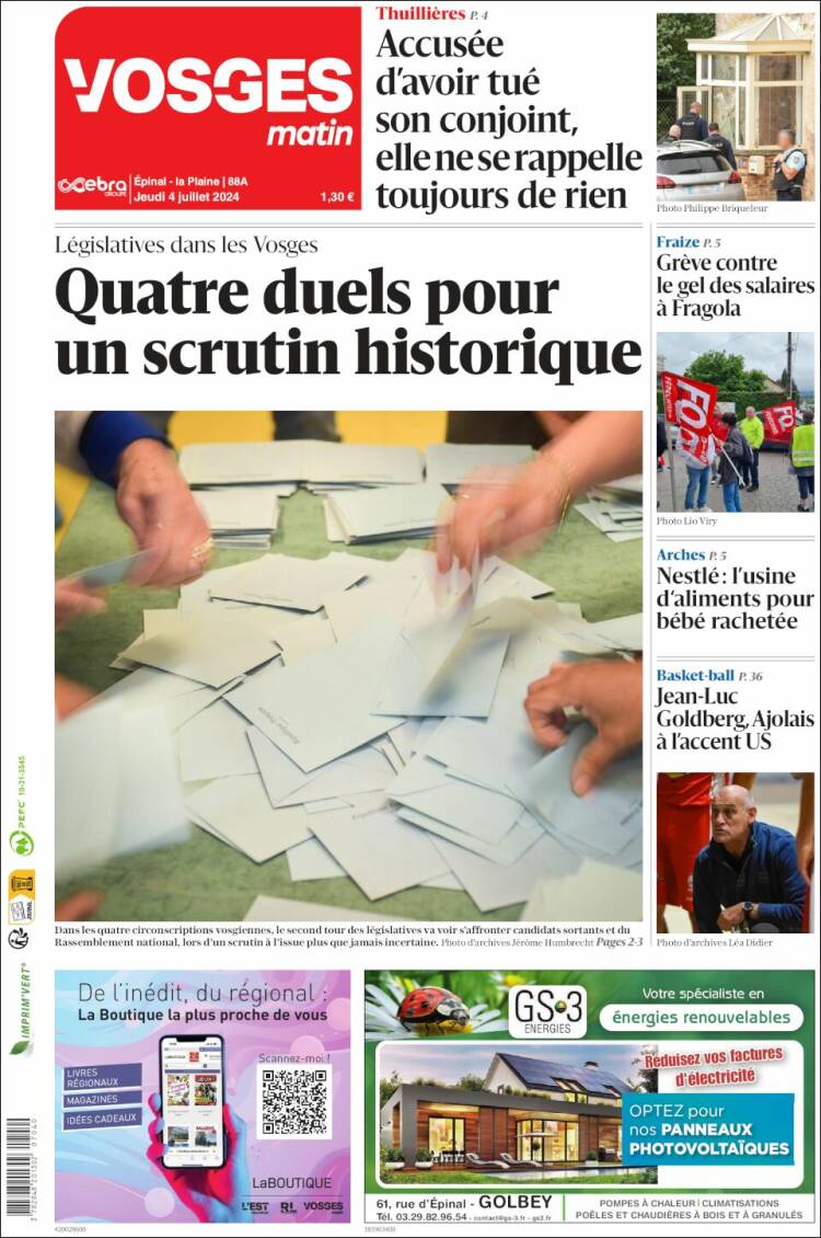 Portada de Vosges Matin (Francia)