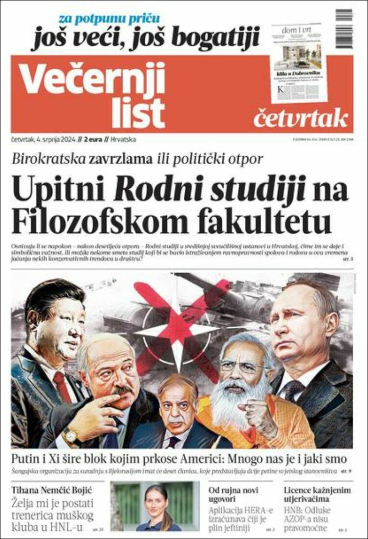 Portada de Večernji (Croacia)