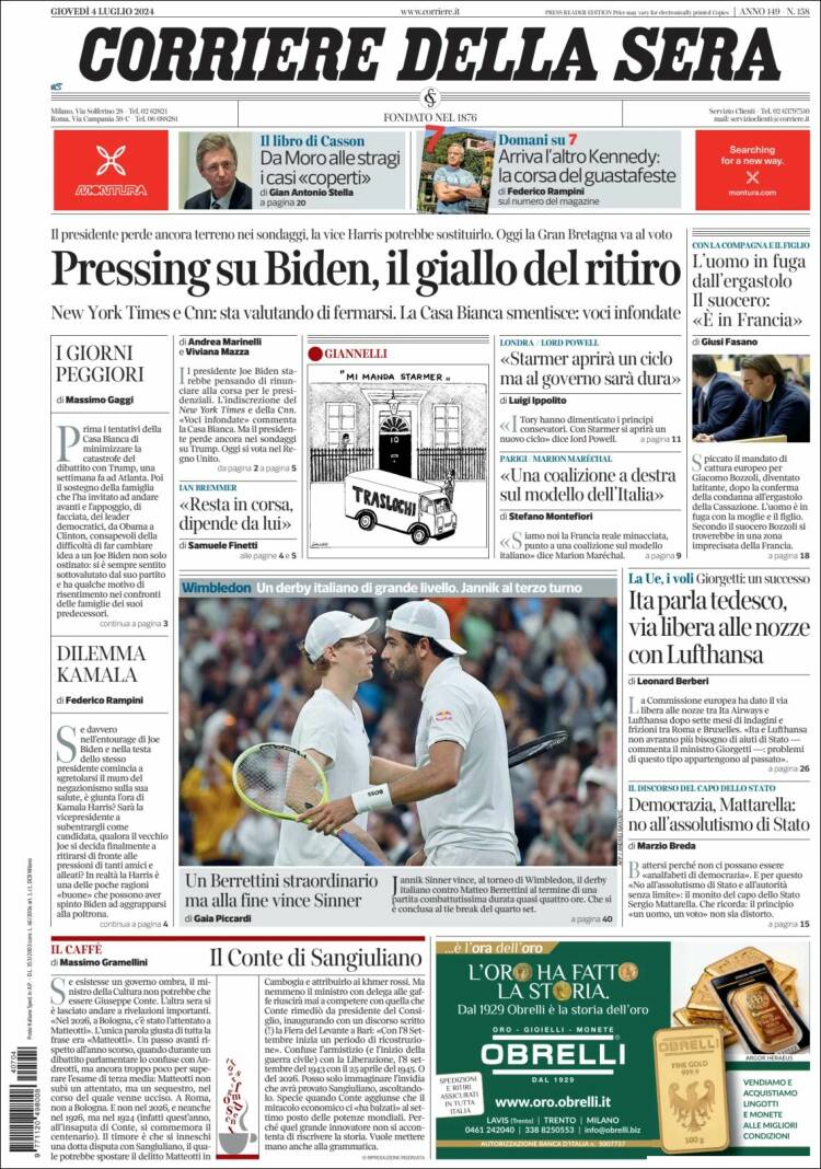 Portada de Corriere della Sera (Italia)