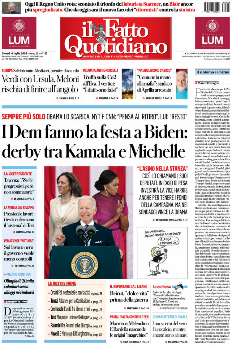Portada de Il Fatto Quotidiano (Italia)