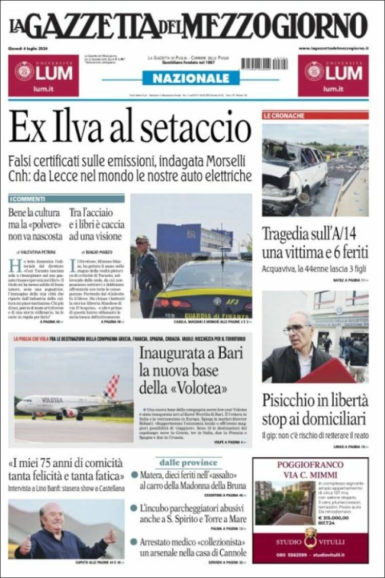 Portada de La Gazzetta del Mezzogiorno (Italia)