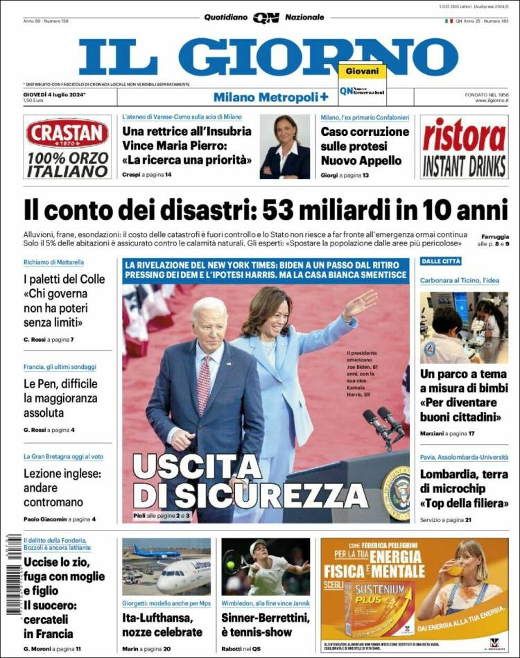 Portada de Il Giorno (Italia)