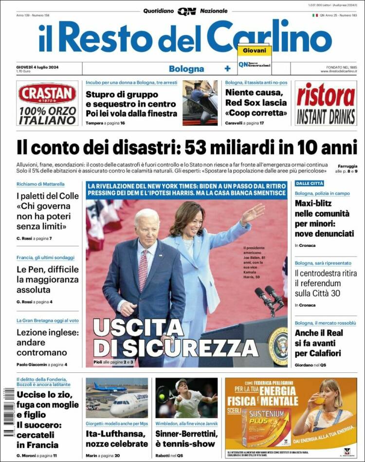 Portada de Il Resto del Carlino (Italia)
