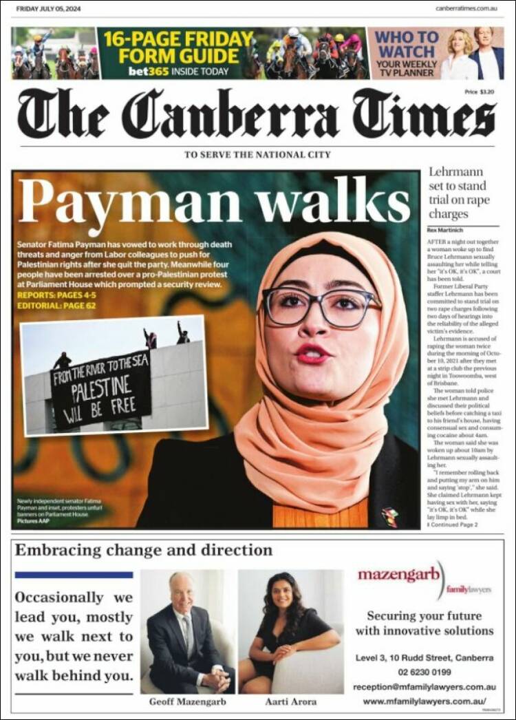 Portada de The Canberra Times (Australia)