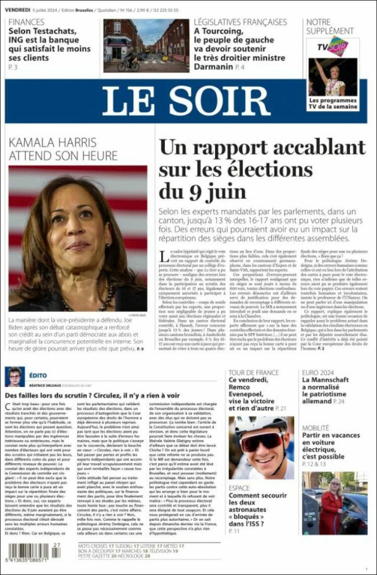 Portada de Le Soir (B&eacute;lgica)