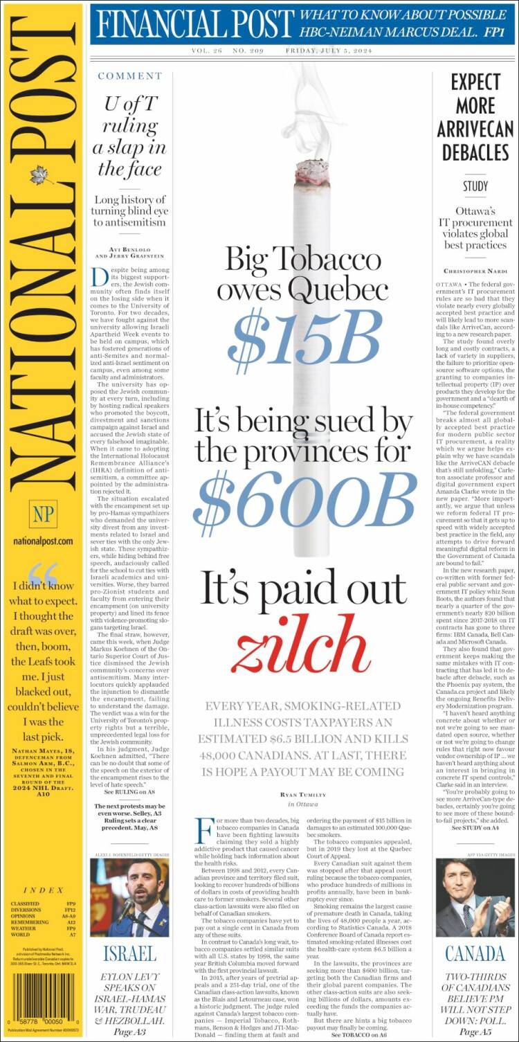 Portada de The National Post (Canadá)