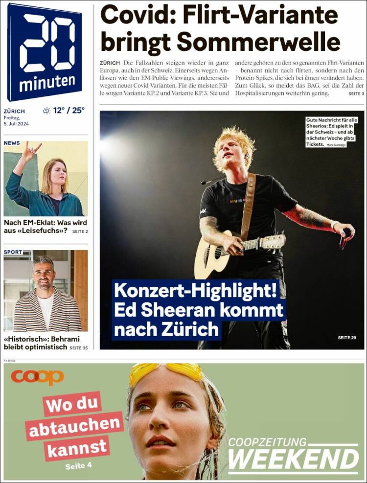 Portada de 20Minuten - Zürich (Suiza)
