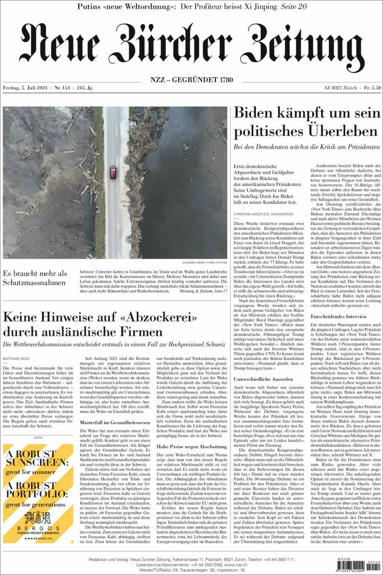 Portada de Neue Zürcher Zeitung (Suiza)