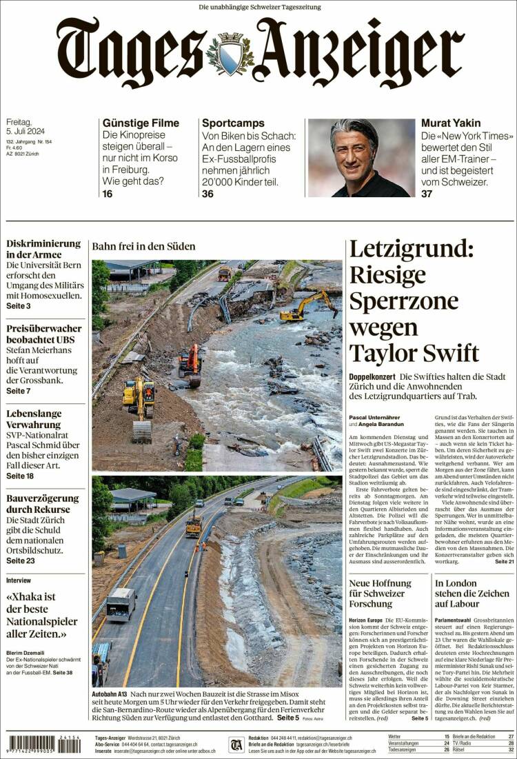 Portada de Tages-Anzeiger (Suiza)