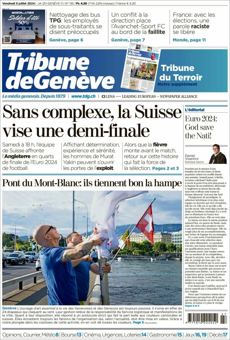 Portada de La Tribune de Genève (Suiza)