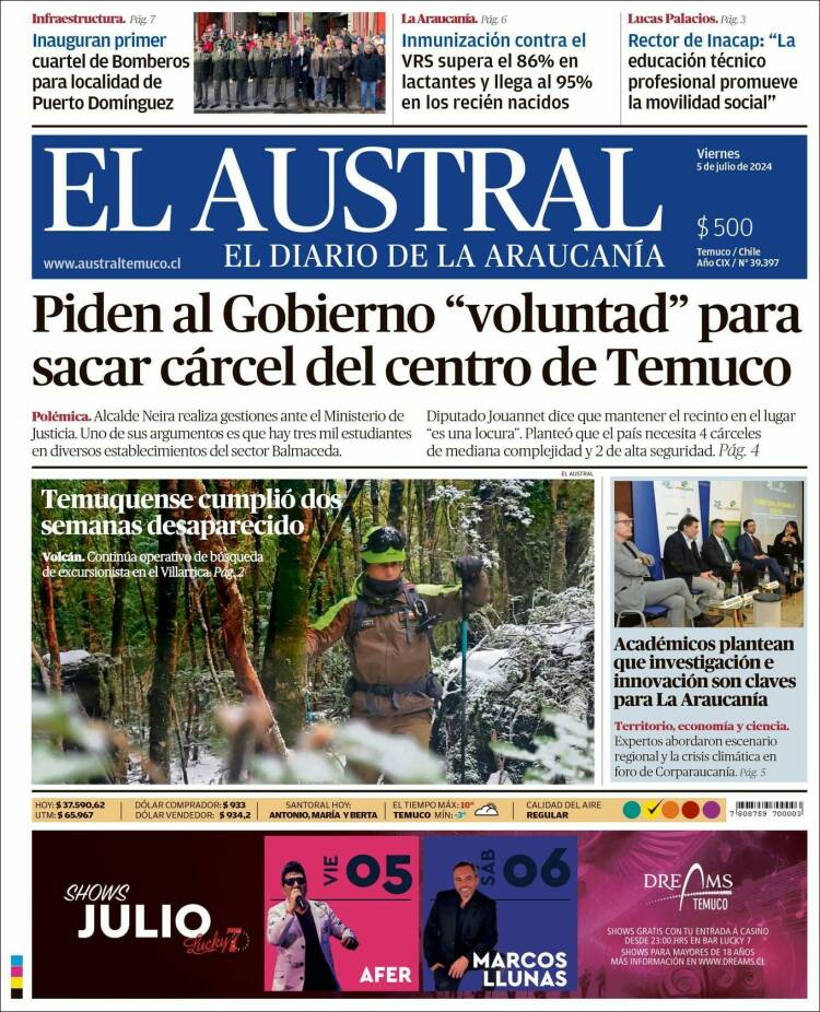 Portada de El Austral de Temuco (Chile)