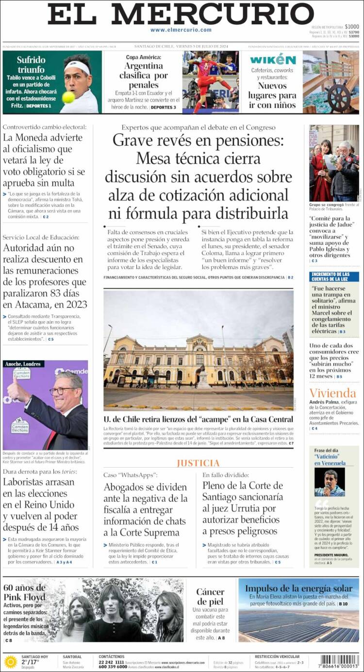 Portada de El Mercurio (Chile)