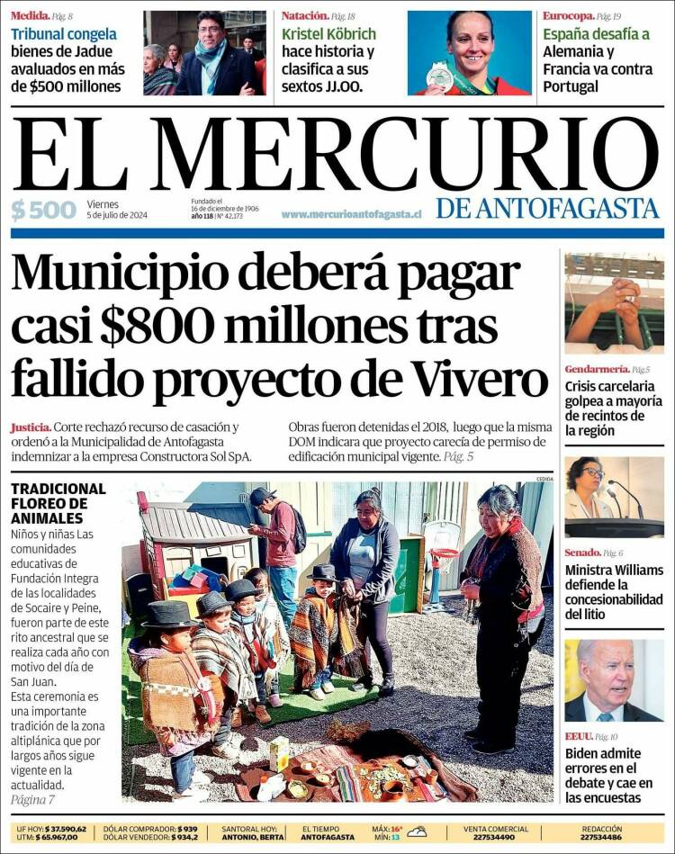 Portada de El Mercurio de Antofagasta (Chile)