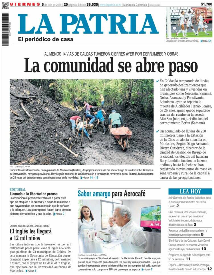 Portada de La Patria (Colombia)