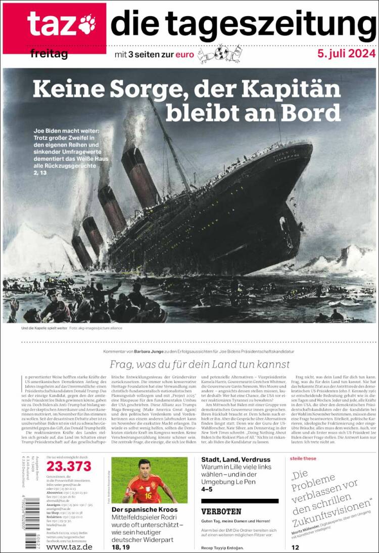 Portada de Die Tageszeitung (Alemania)