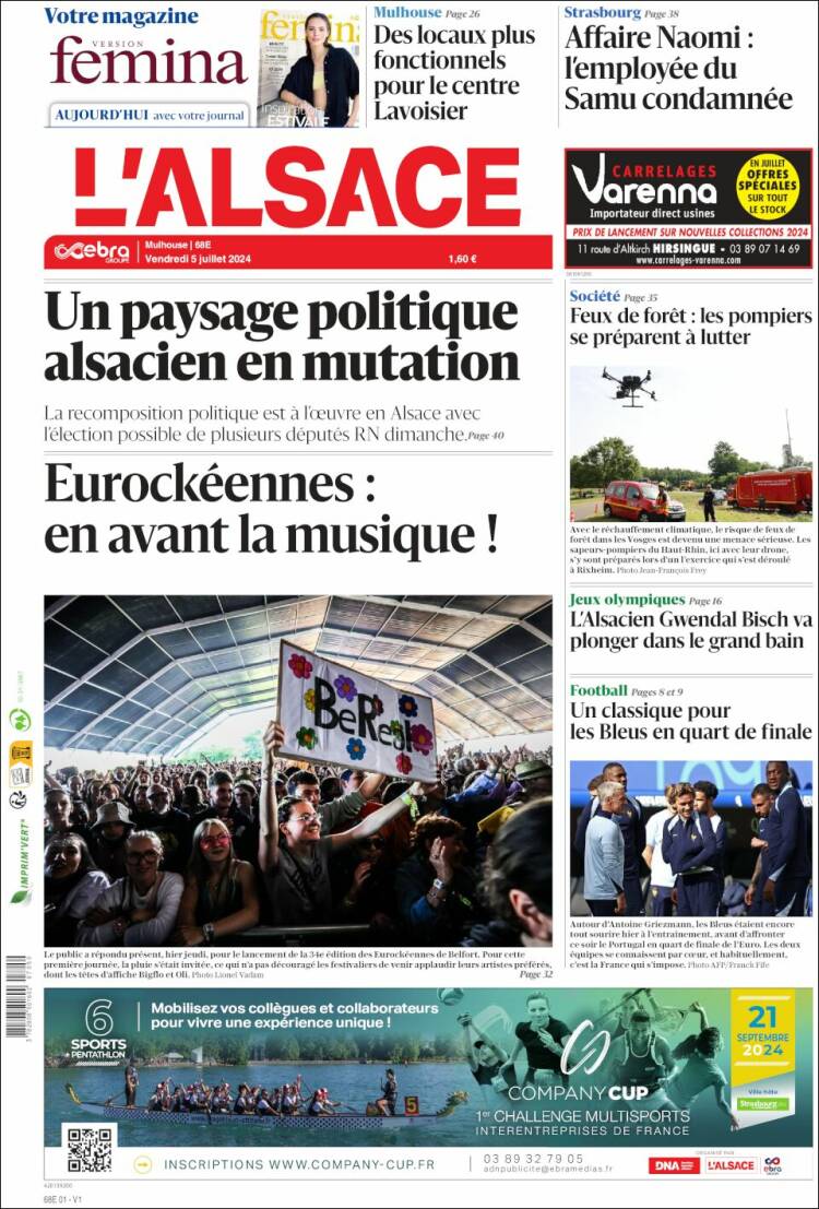 Portada de Journal L'Alsace (Francia)