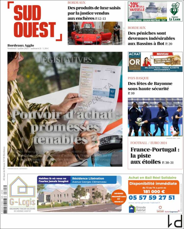 Portada de Sud Ouest (Francia)