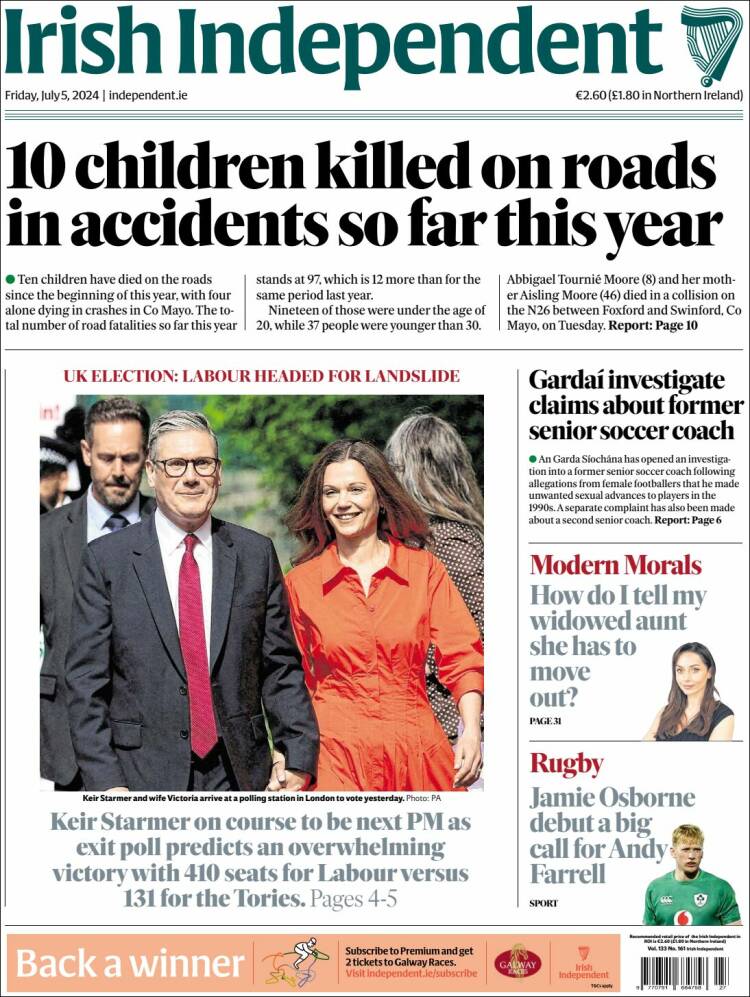 Portada de Irish Independent (Irlanda)