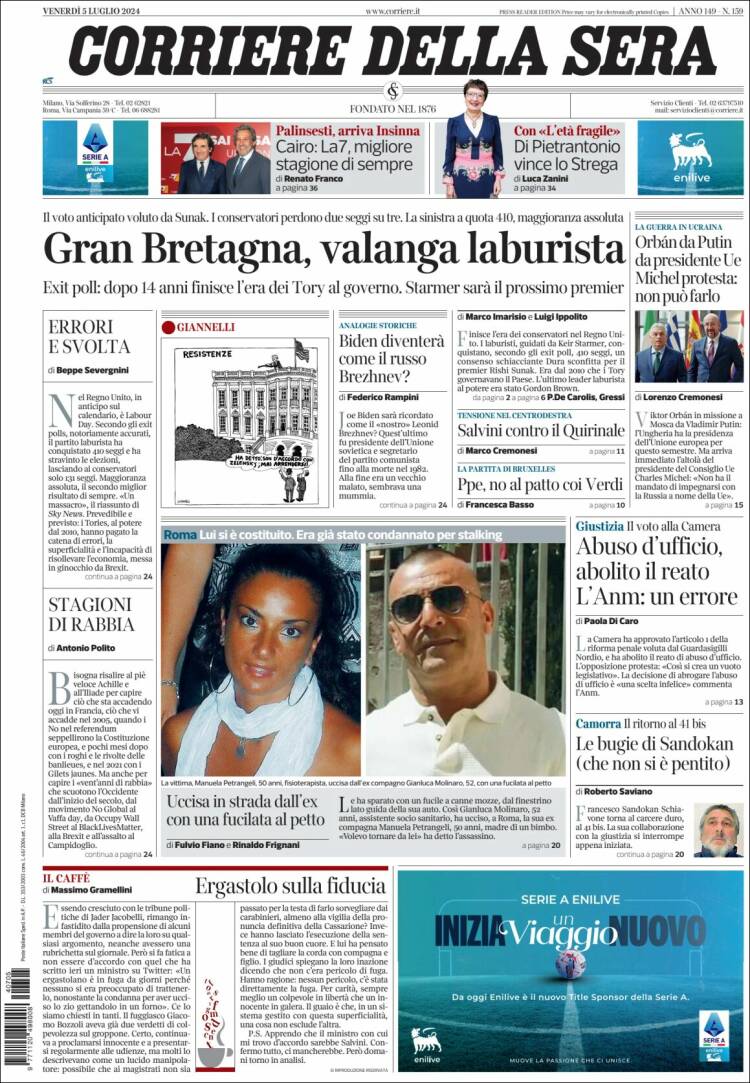 Portada de Corriere della Sera (Italia)