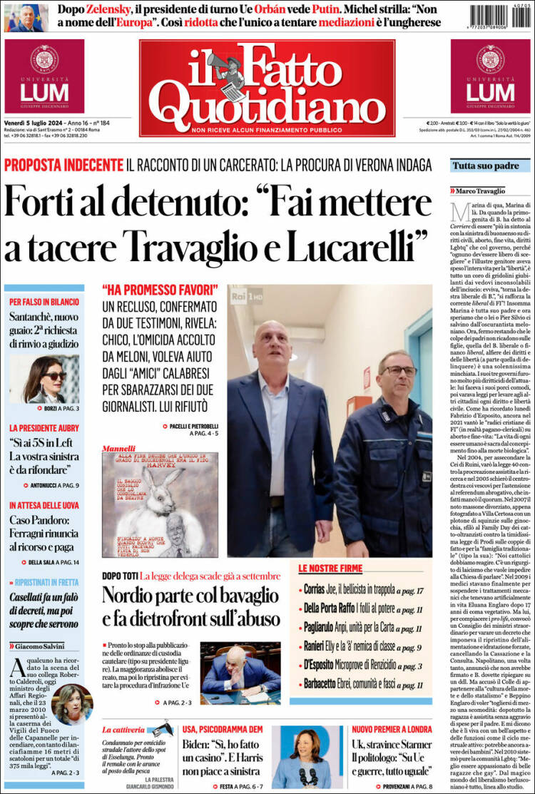 Portada de Il Fatto Quotidiano (Italia)