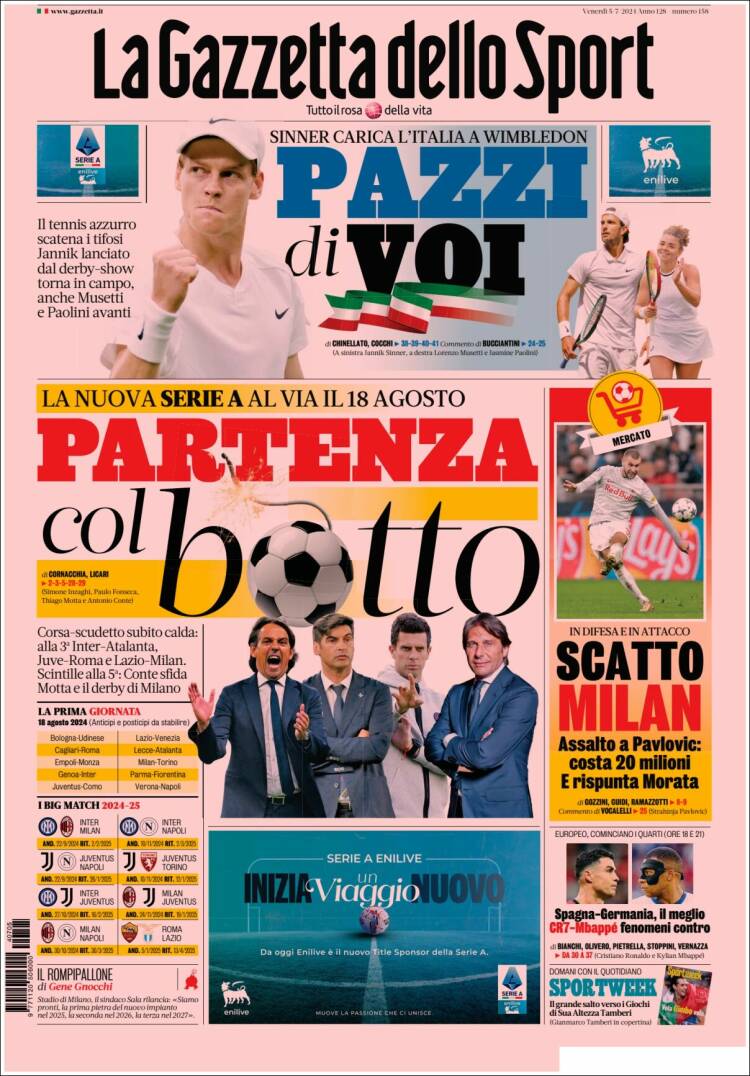 Portada de La Gazzetta dello Sport (Italia)