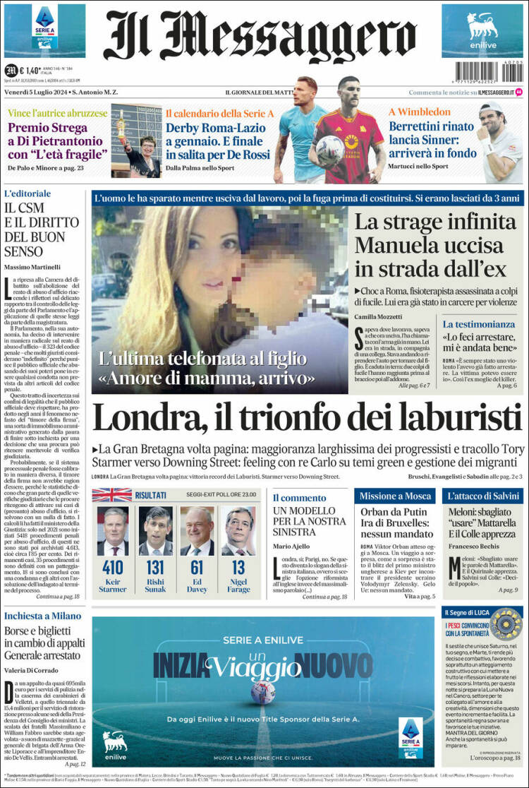 Portada de Il Messaggero (Italia)