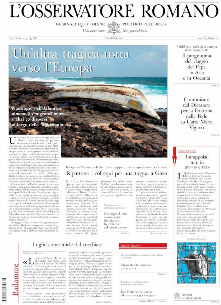 Portada de L'Osservatore Romano (Italia)