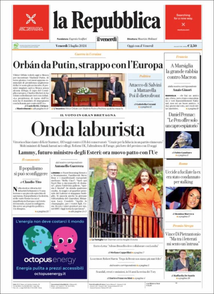Portada de La Repubblica (Italia)